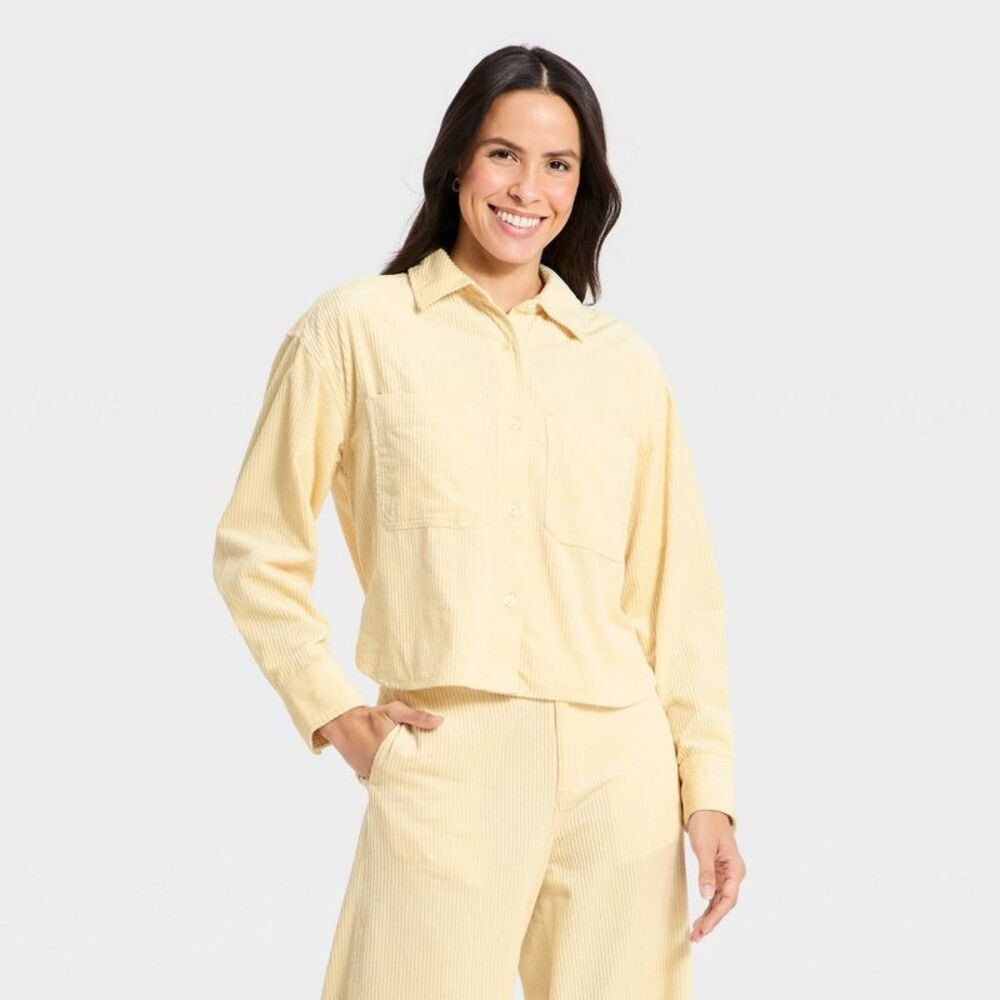 Universal Thread - Women's Long Sleeve Cropped Corduroy Collared Neck Cream